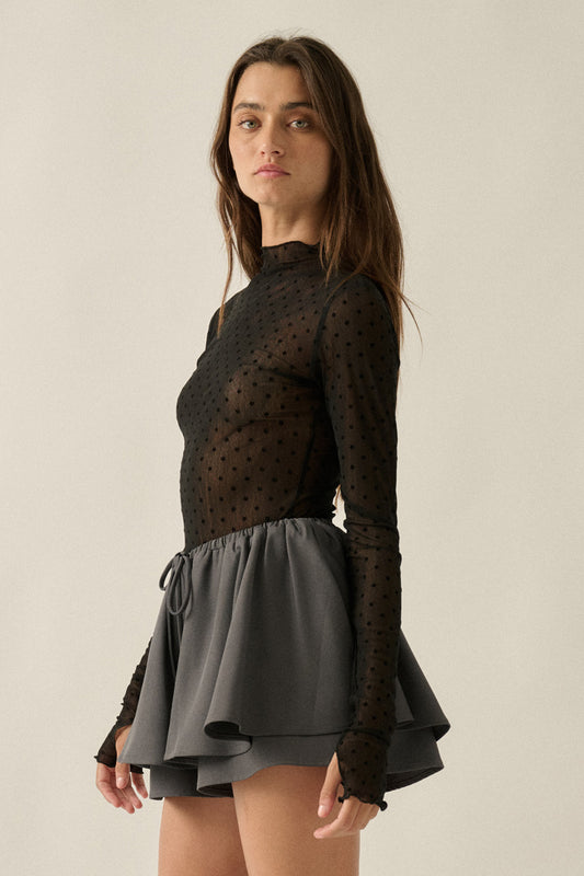 Sheer Floral Mesh Mock-Neck Top