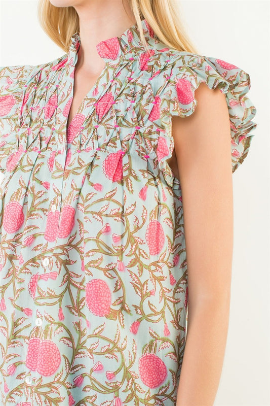 V-Neck Floral Flutter Sleeve Top