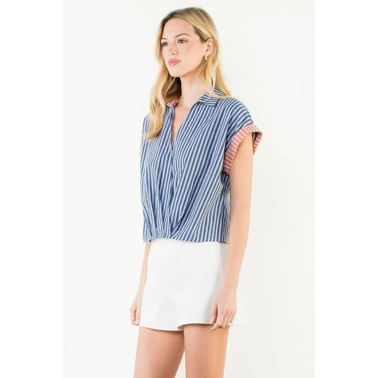 Short Sleeve Striped V-Neck Top