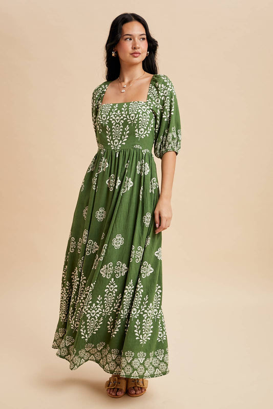 Border Print Square Neckline Dress