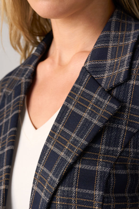 Boyfriend Blazer Navy Tan Plaid