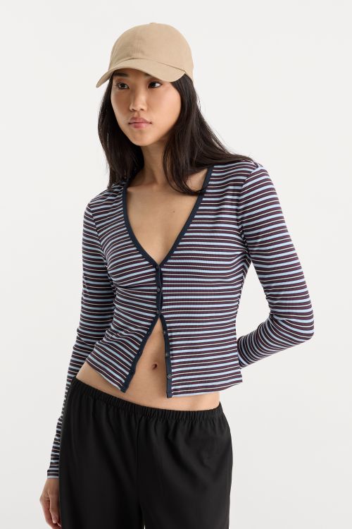 The Rib V-Neck Cardigan Ivy Stripe