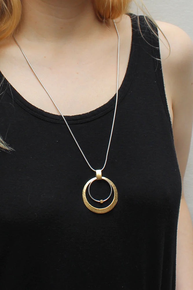 Cutout Disc with Ring and Bead Long Necklace