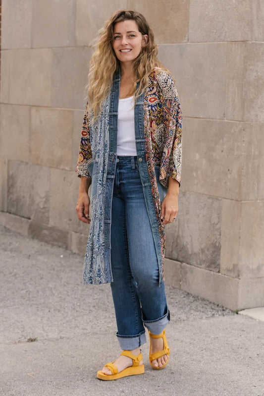 Janis Mixed Fabric Denim Cardigan