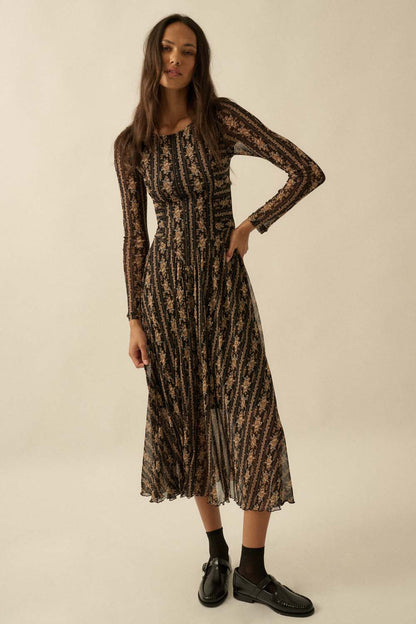 Floral Mesh Long Sleeve Midi Dress