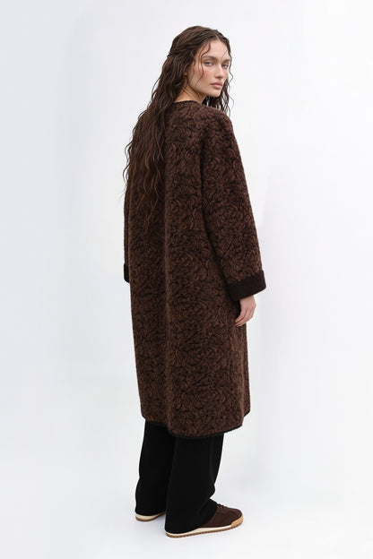 Floral Bouclé Embellished Coat Coffee
