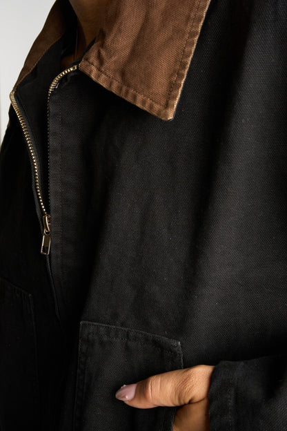 Zip Front Contrast Collar Cotton Jacket Black Brown