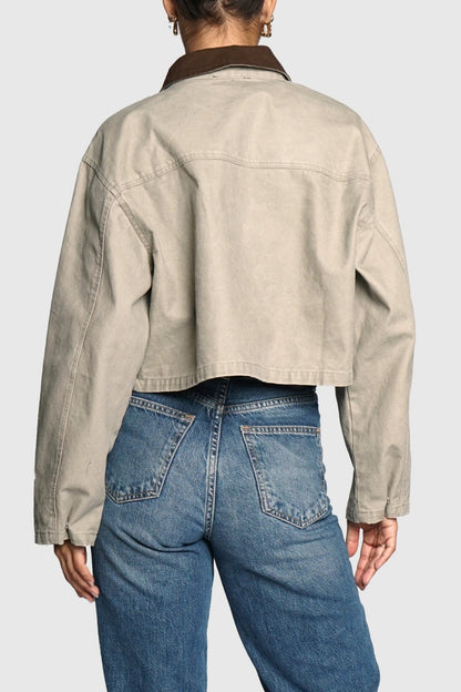 Zip Front Contrast Collar Cotton Jacket
