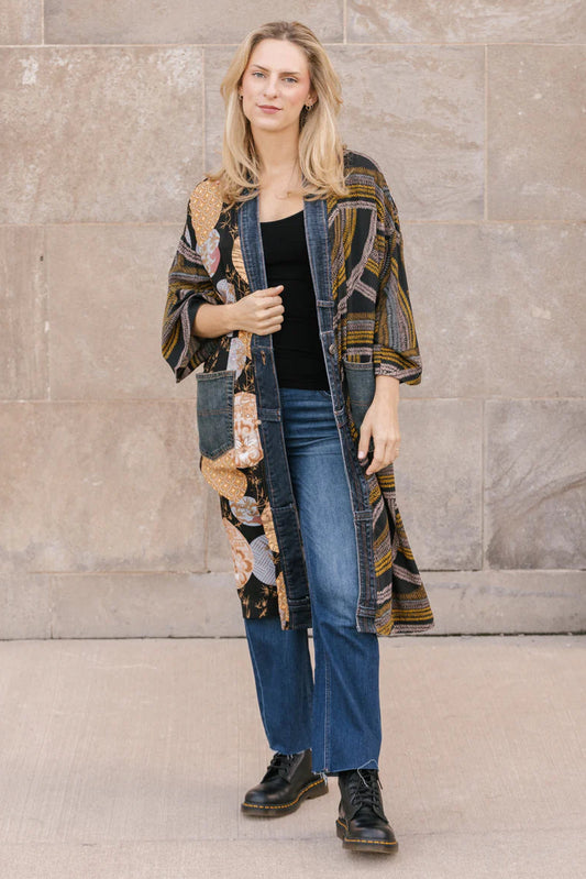 Janis Mixed Fabric Print/Denim Cardigan