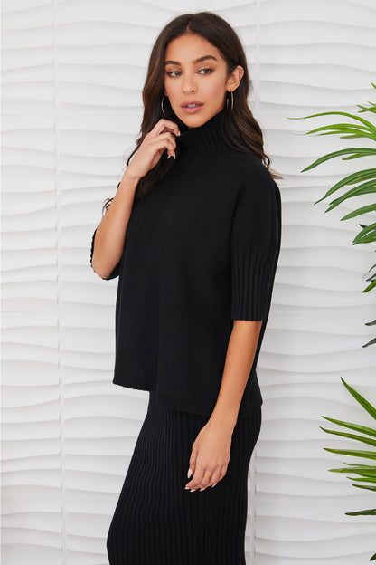 Rib Contrast Short Sleeve Turtleneck Black