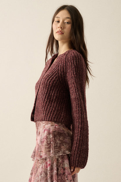 Button-Front Ribbed-Knit Cardigan Plum