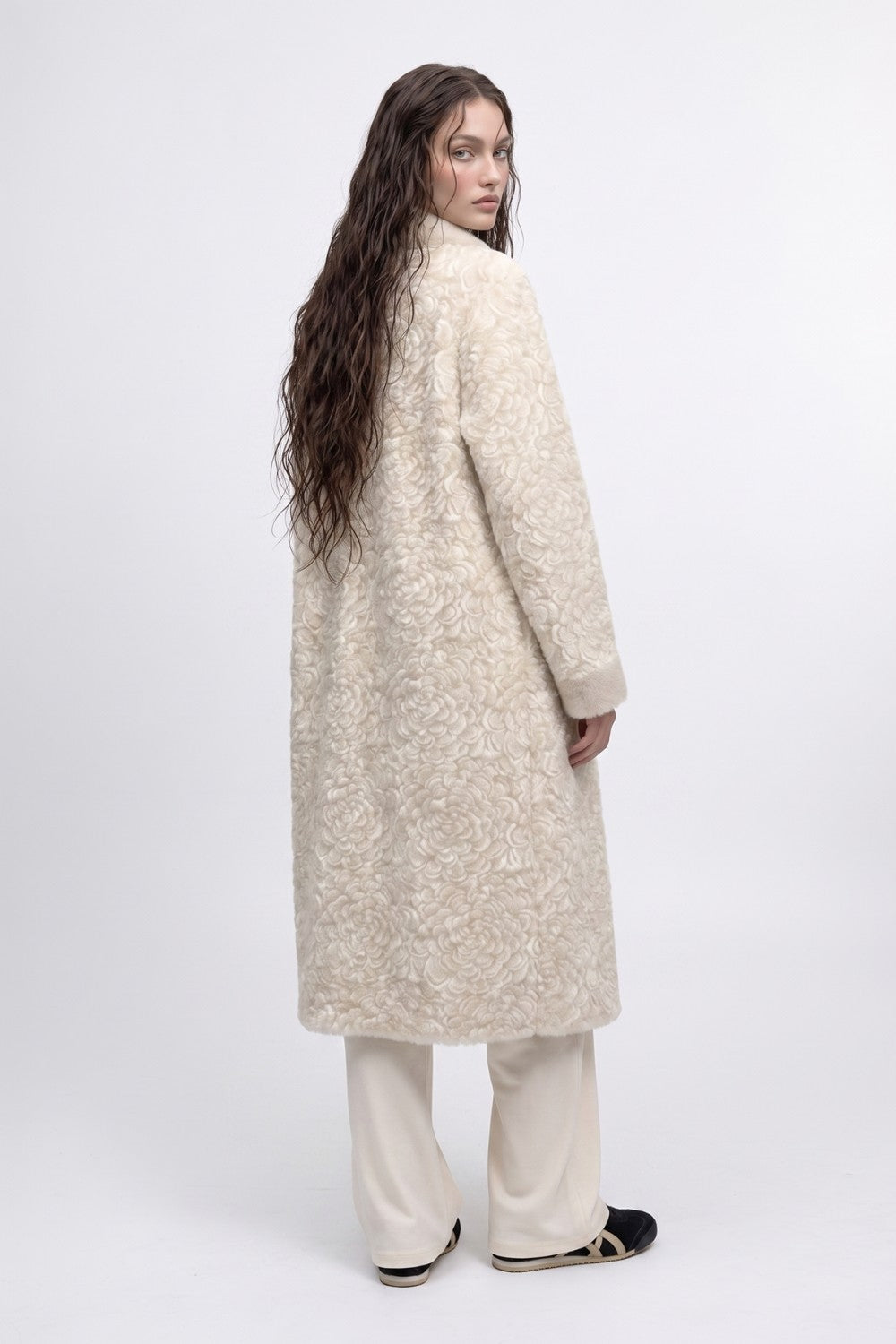 Floral Bouclé Embellished Coat Beige