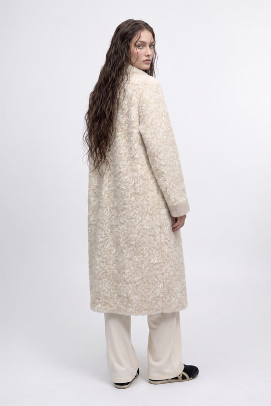 Floral Bouclé Embellished Coat Beige