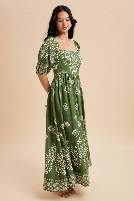Border Print Square Neckline Dress