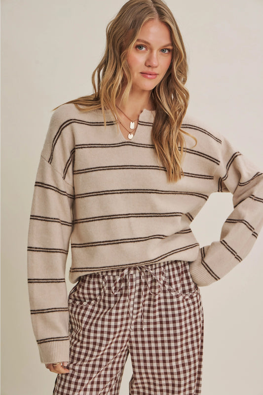 Split Neck Stripe Sweater