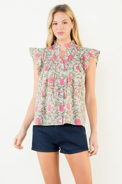 V-Neck Floral Flutter Sleeve Top