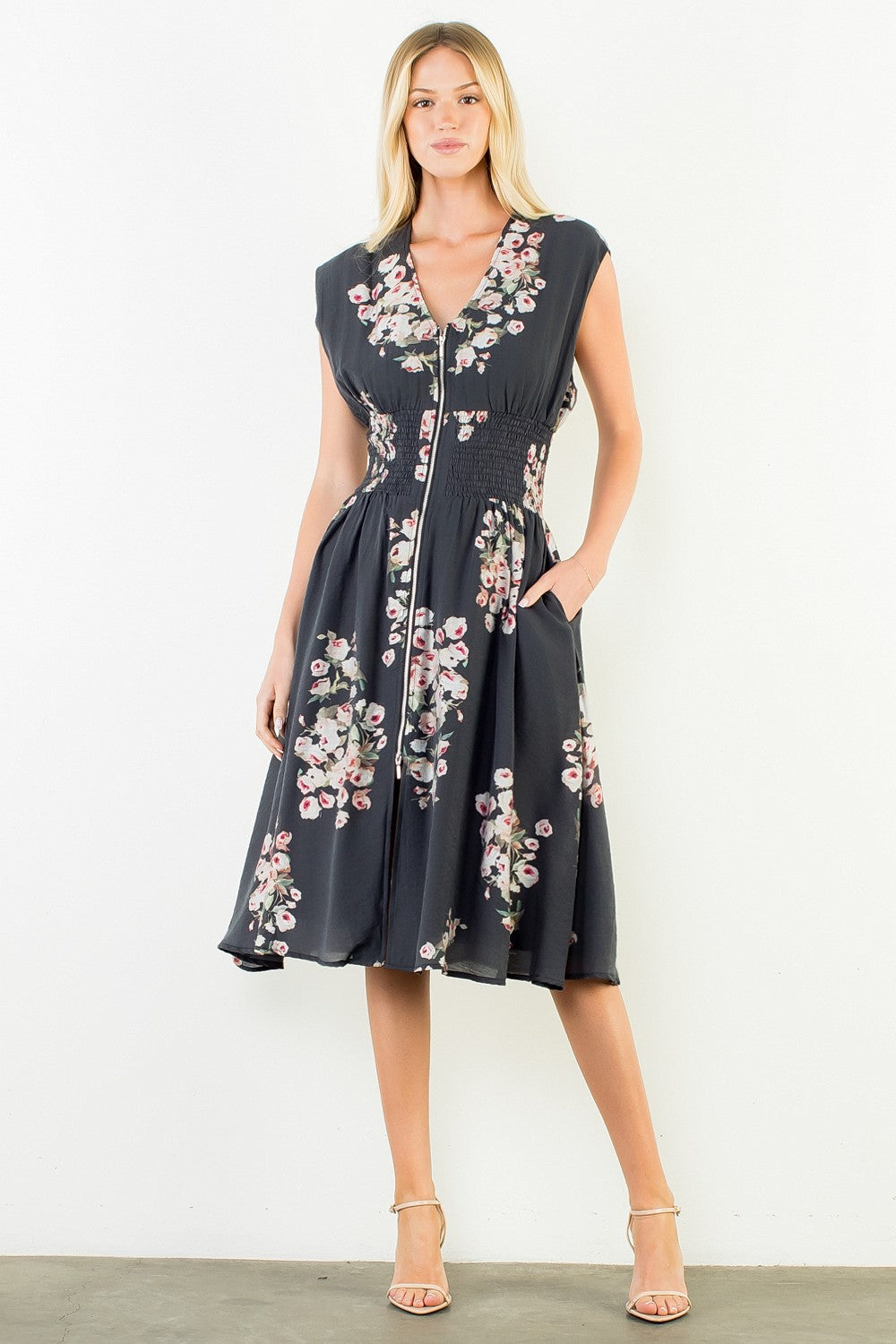 Sleeveless Floral Zipper Midi Dress Black