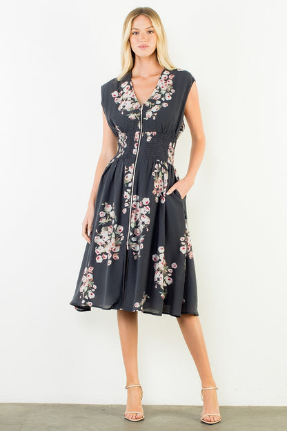 Sleeveless Floral Zipper Midi Dress Black