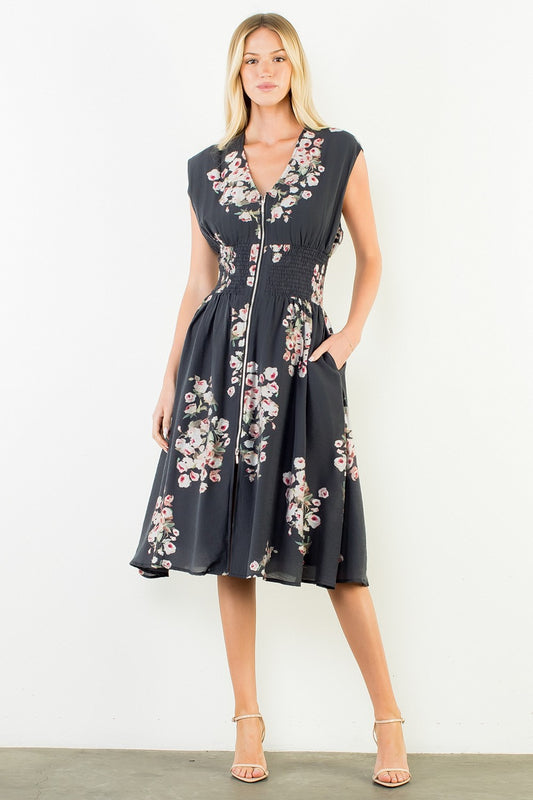 Sleeveless Floral Zipper Midi Dress Black