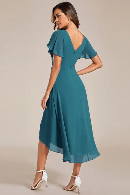 Pleated Ruffles Chiffon Dress Teal