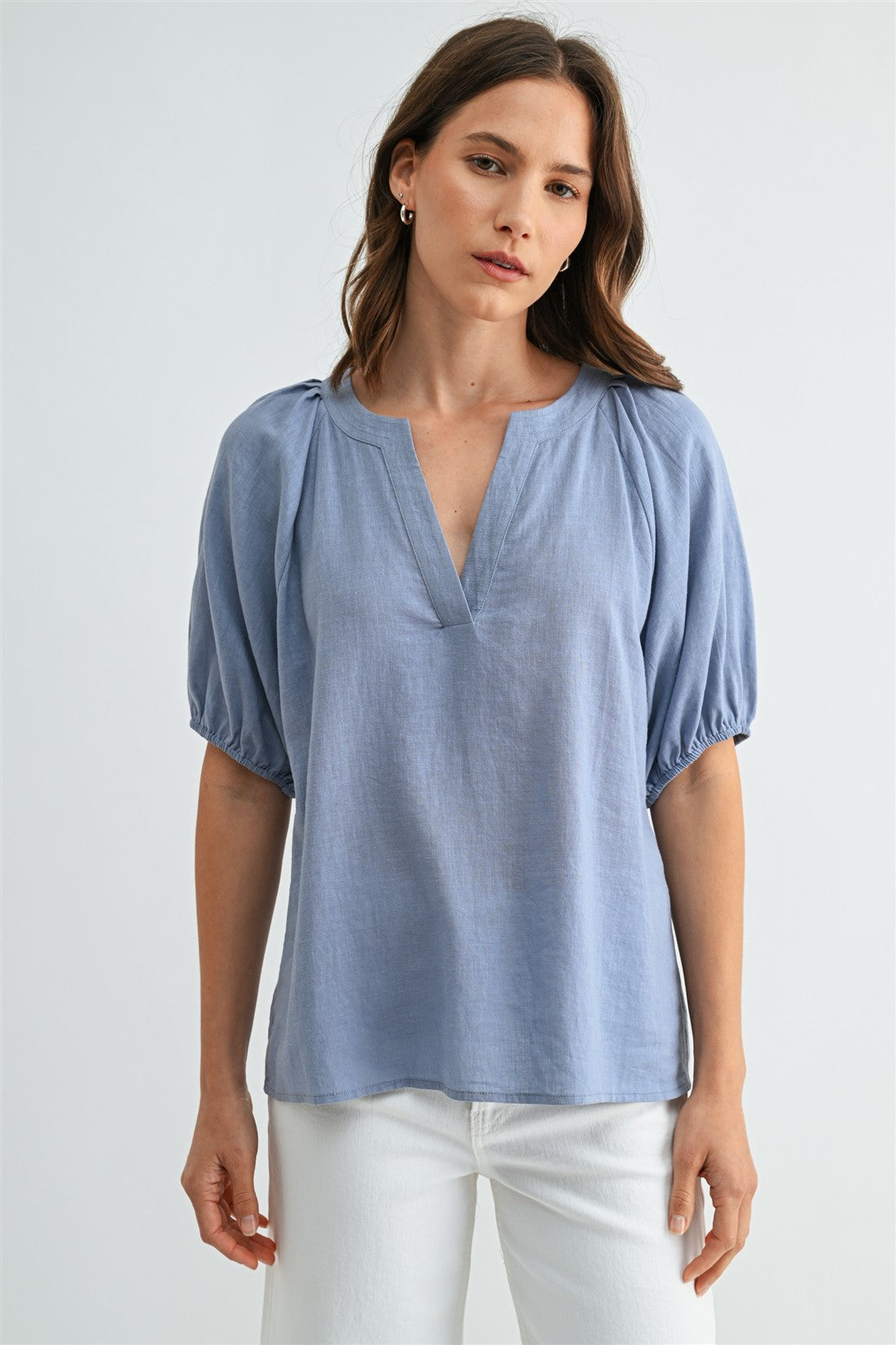 Linen Blend Pleated Raglan Sleeve Top