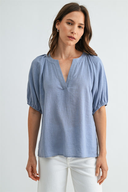 Linen Blend Pleated Raglan Sleeve Top