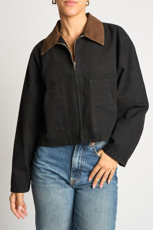 Zip Front Contrast Collar Cotton Jacket Black Brown