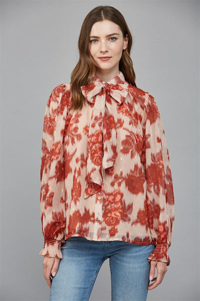 Long Sleeve Floral Blouse with Bow