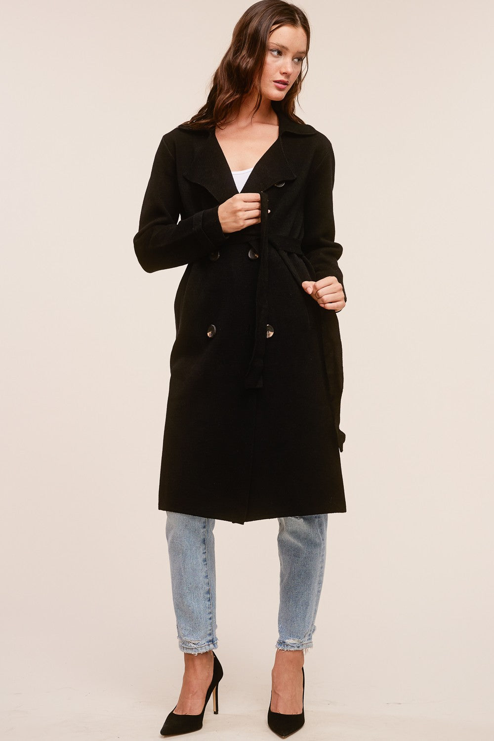 Cashmere Blend Belted Trench Coat Black