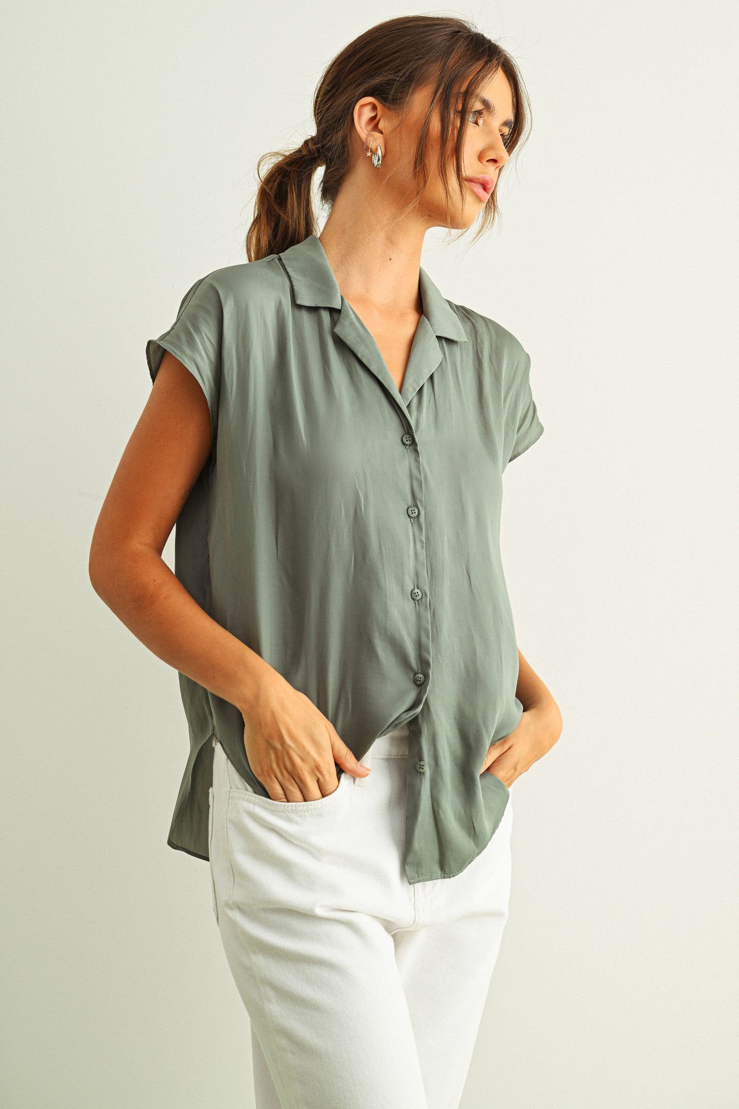 Cap Sleeve Button Down Blouse