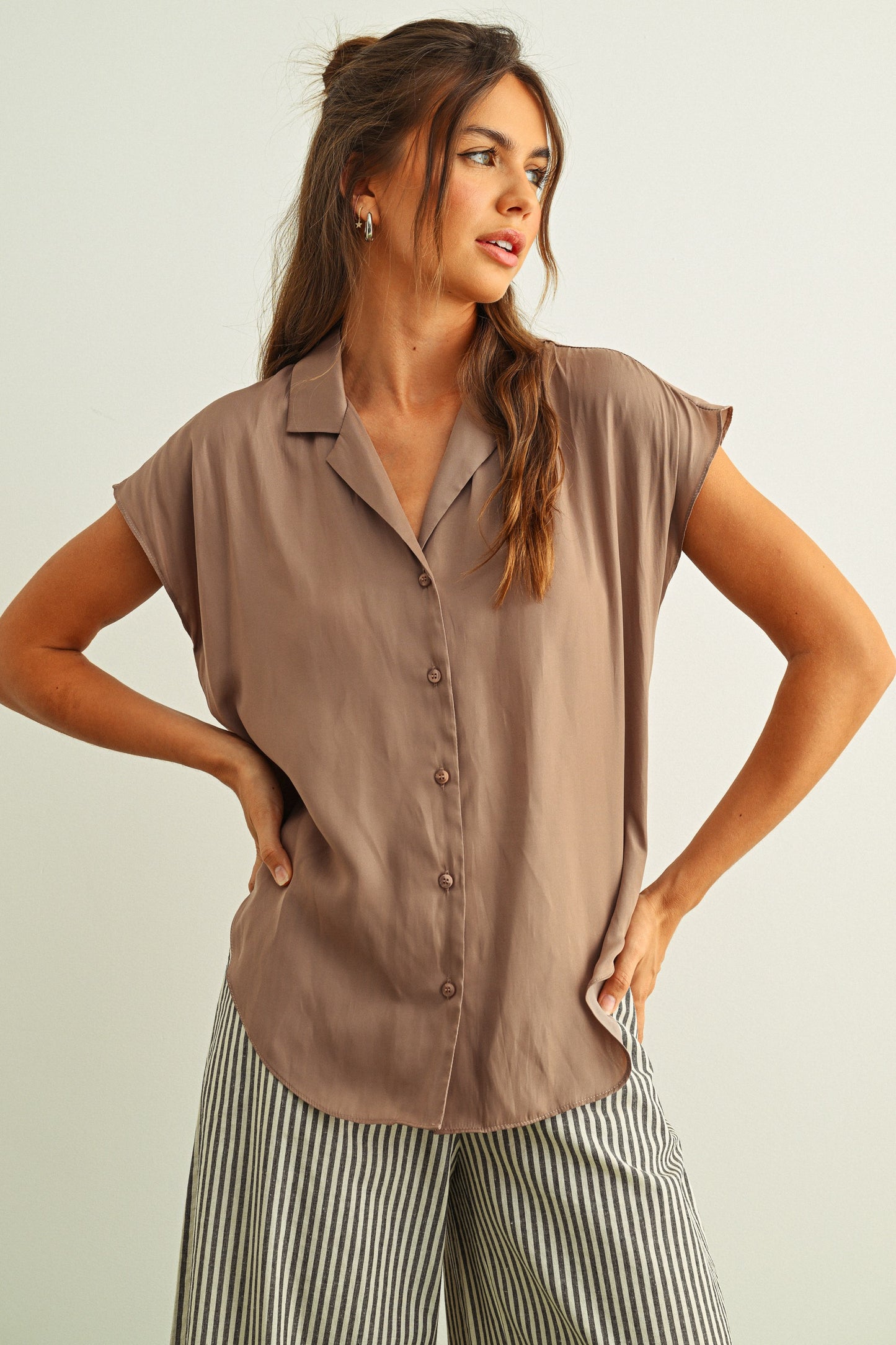 Cap Sleeve Button Down Blouse