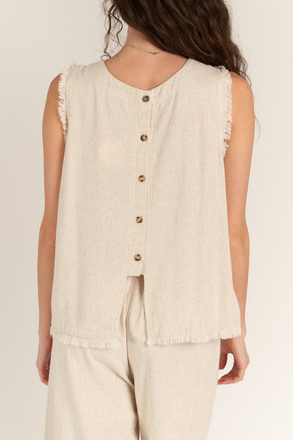 Back Button Detail Sleeveless Top Natural