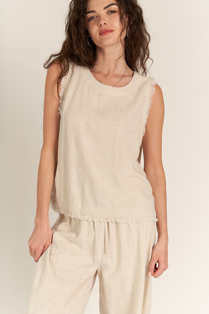 Back Button Detail Sleeveless Top Natural