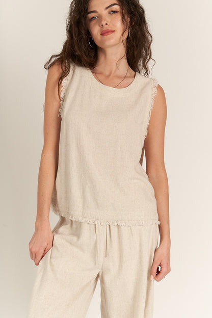 Back Button Detail Sleeveless Top Natural