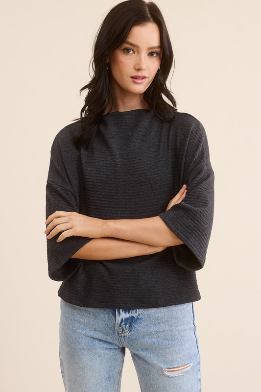 Ribbed Cowl Neck Charcoal Top