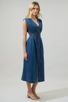 Denim Sleeveless Smocked Midi Dress