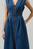 Denim Sleeveless Smocked Midi Dress