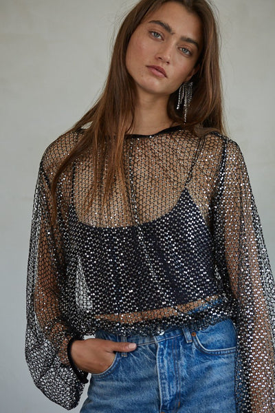 Sequin Mesh Black Top