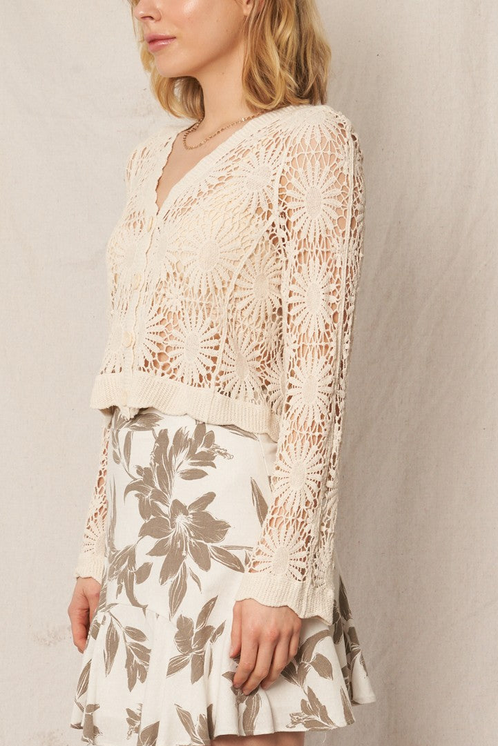 Flower Pattern Crochet Cardigan Natural