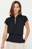 Split Neck Blouse with Tie Black