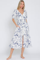 Puff Sleeve Print Midi Dress
