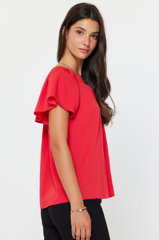Split Neck Flutter Sleeve Blouse