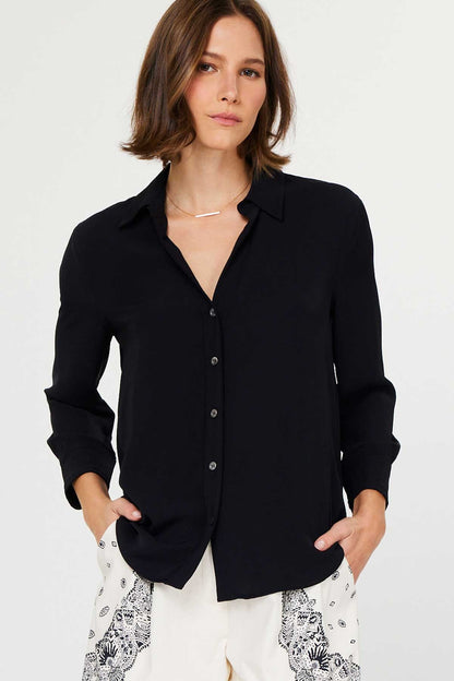 3/4 Sleeve Button Down Blouse Black