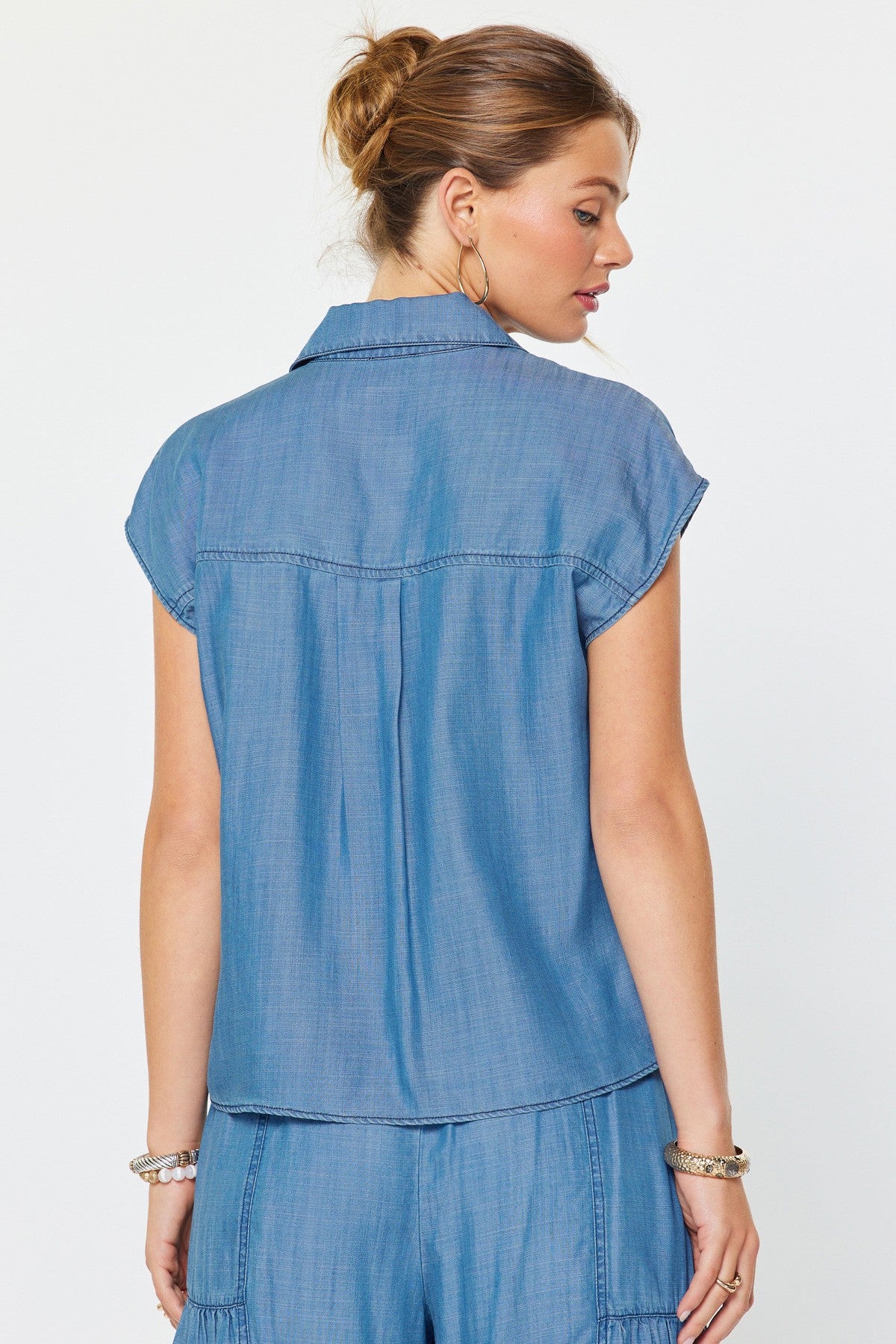 Cap Sleeve Button Down Blouse Chambray