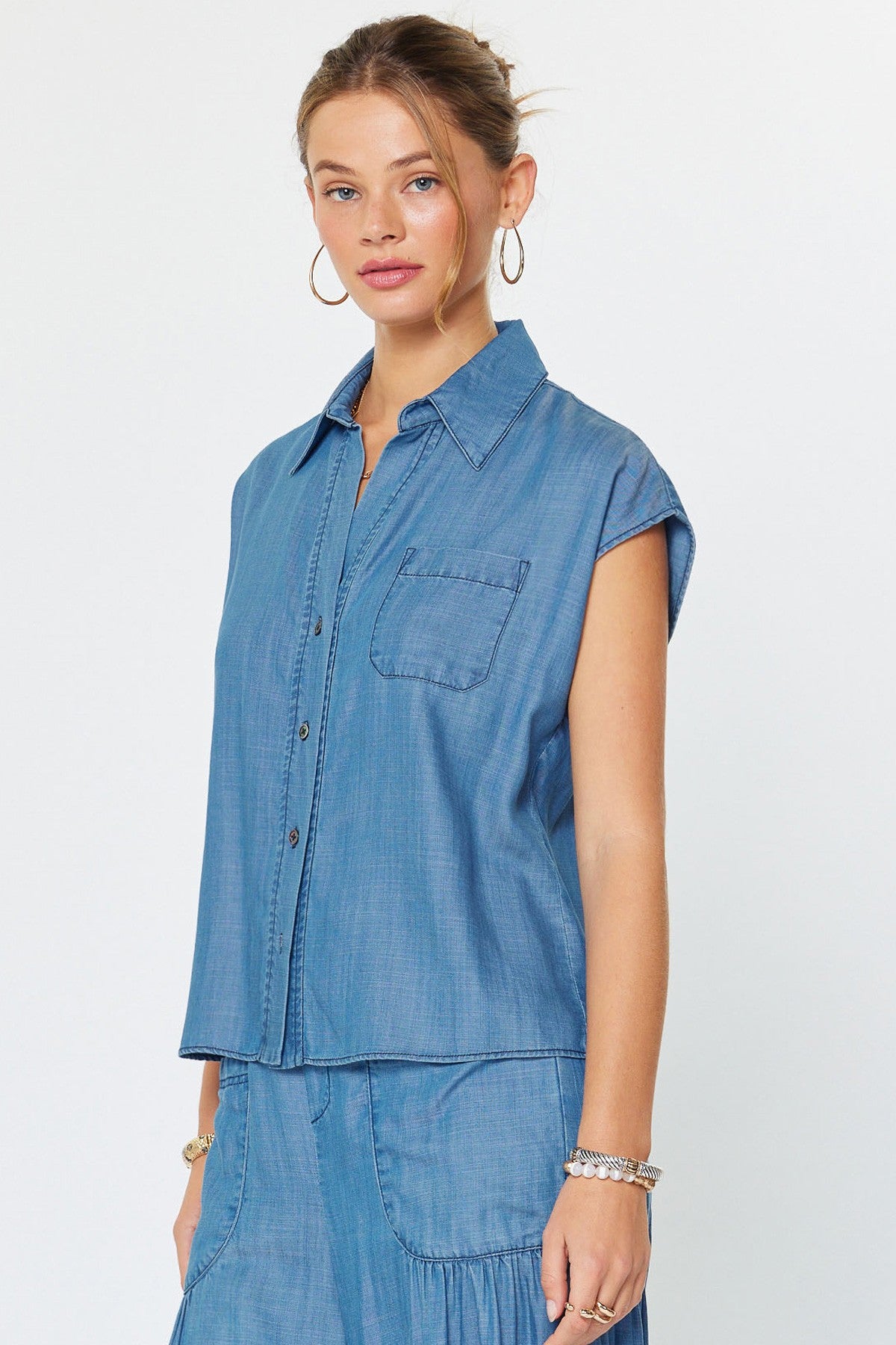 Cap Sleeve Button Down Blouse Chambray