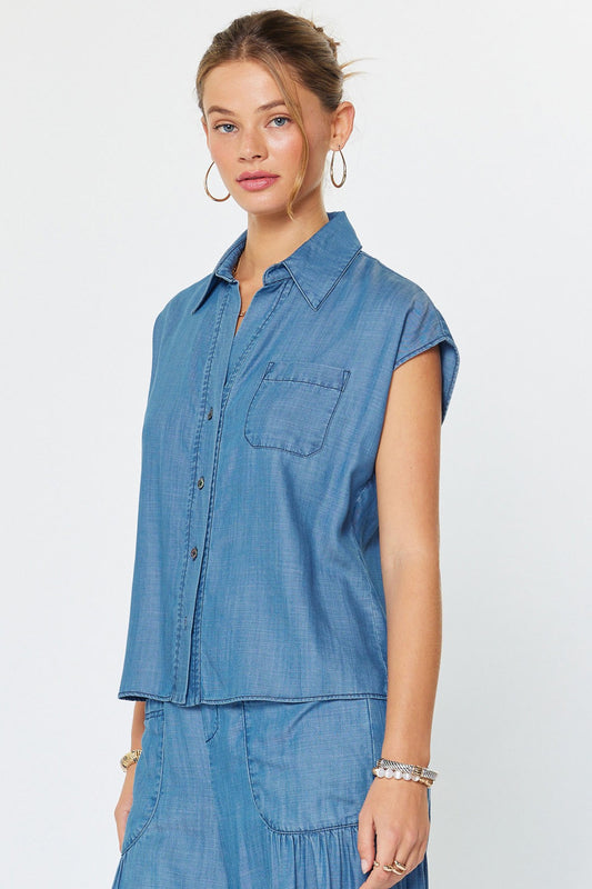 Cap Sleeve Button Down Blouse Chambray