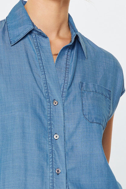 Cap Sleeve Button Down Blouse Chambray