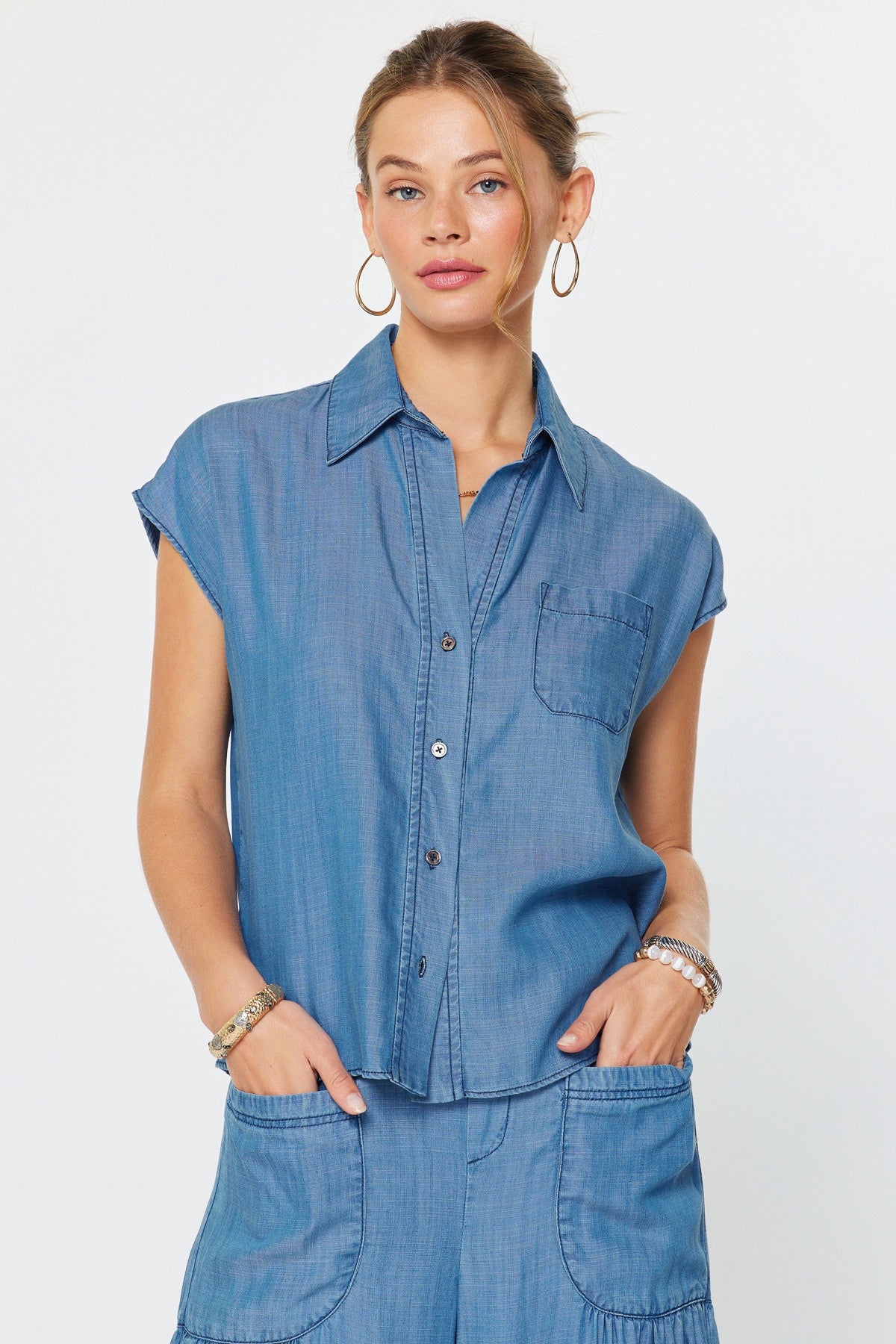 Cap Sleeve Button Down Blouse Chambray
