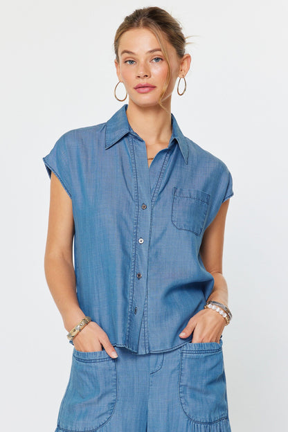 Cap Sleeve Button Down Blouse Chambray