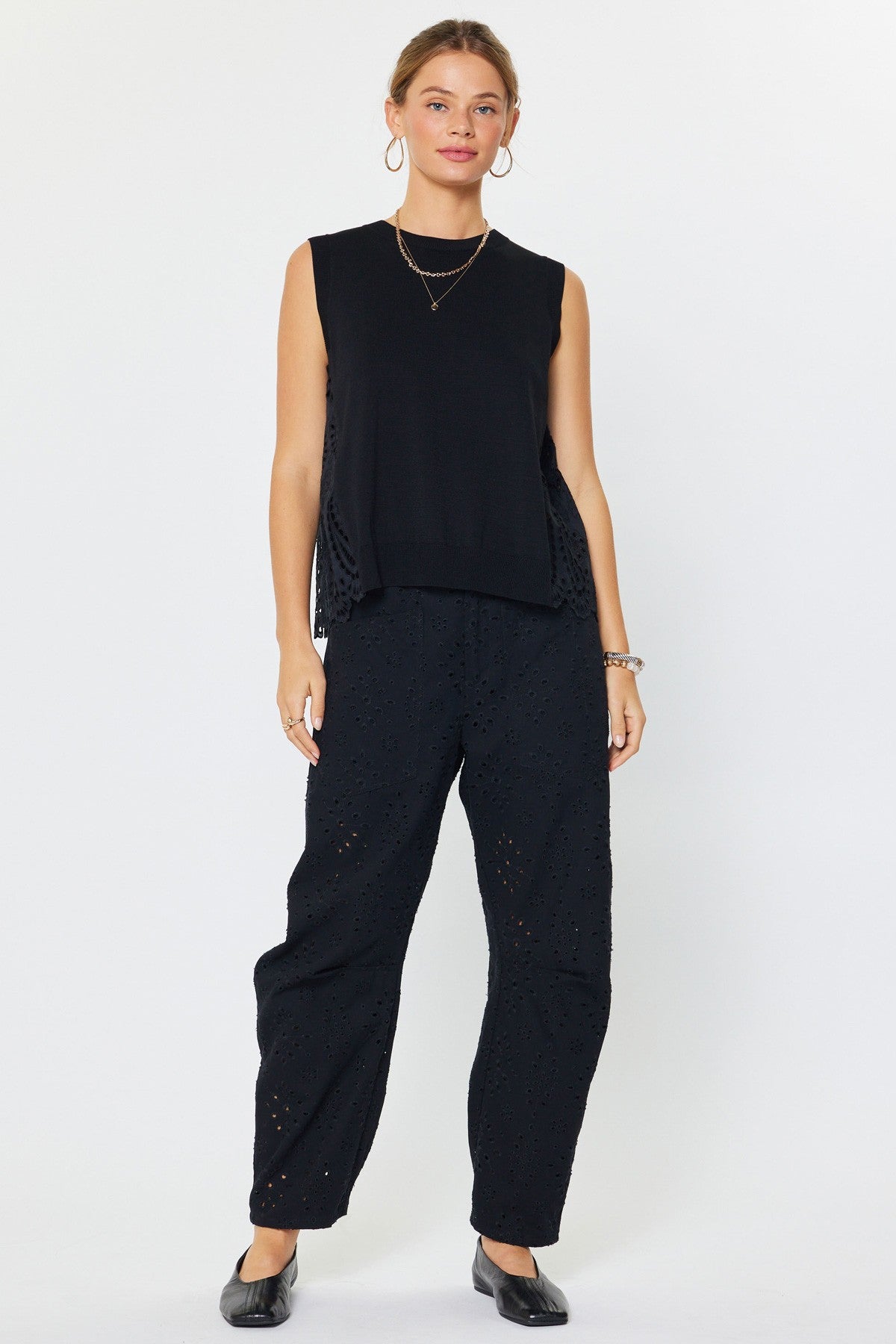 Pleated Eyelet Back Sleeveless Top